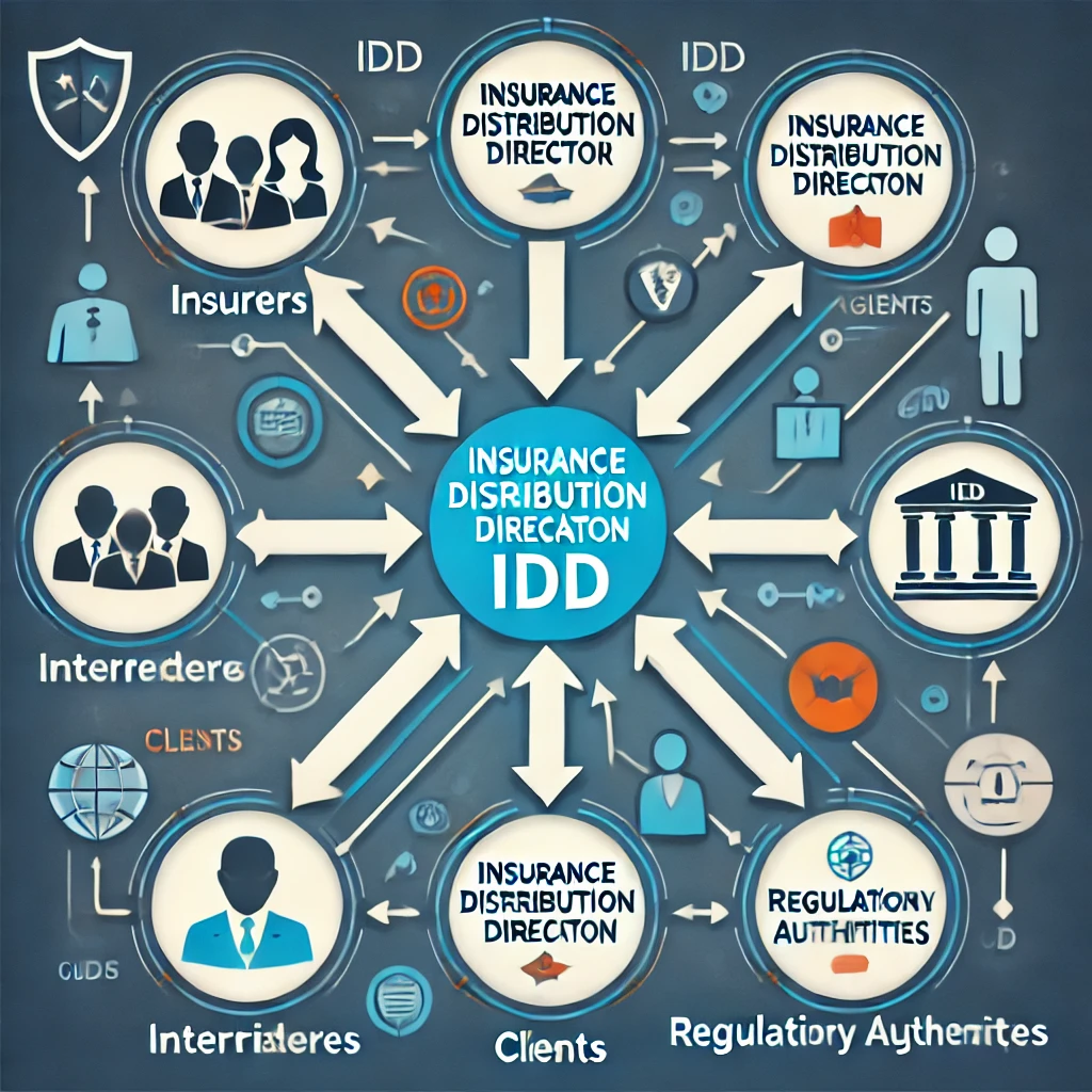 An infographic showing the main stakeholders in the Insurance Distribution Directive (IDD). At the center, the IDD (Insurance Distribution Directive) is connected to four key stakeholders represented by icons: insurers, intermediaries (brokers, agents), clients, and regulatory authorities. Arrows extend from the IDD to each of these stakeholders, illustrating their role. The diagram should use clear labels for each stakeholder and be visually structured as an organized flowchart. Use a professional, corporate color palette.